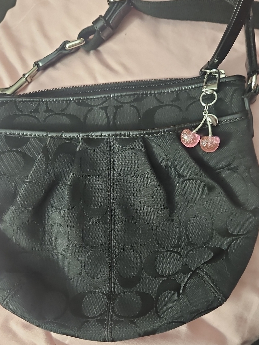 Coach Black Signature Crossbody with Pink Cherry Charm